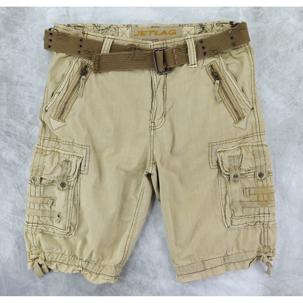 Jet Lag Cargo Shorts Mens 38 Tan Distressed Gorpcore Vintage Y2K Streetwear Belt